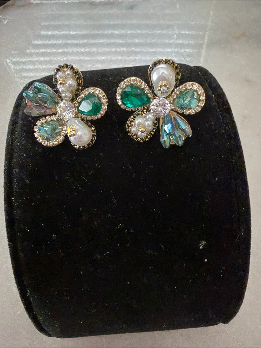 Emerald & Pearl Floral Cz Stud Earrings - Women Jewelry